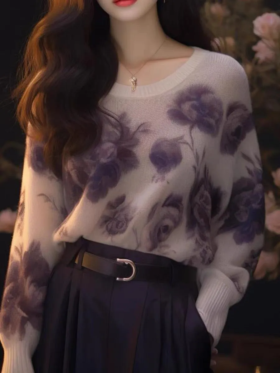 2023 new autumn clothing, European products, high-end, super good-looking, soft and waxy lazy style sweater, purple knitted swea