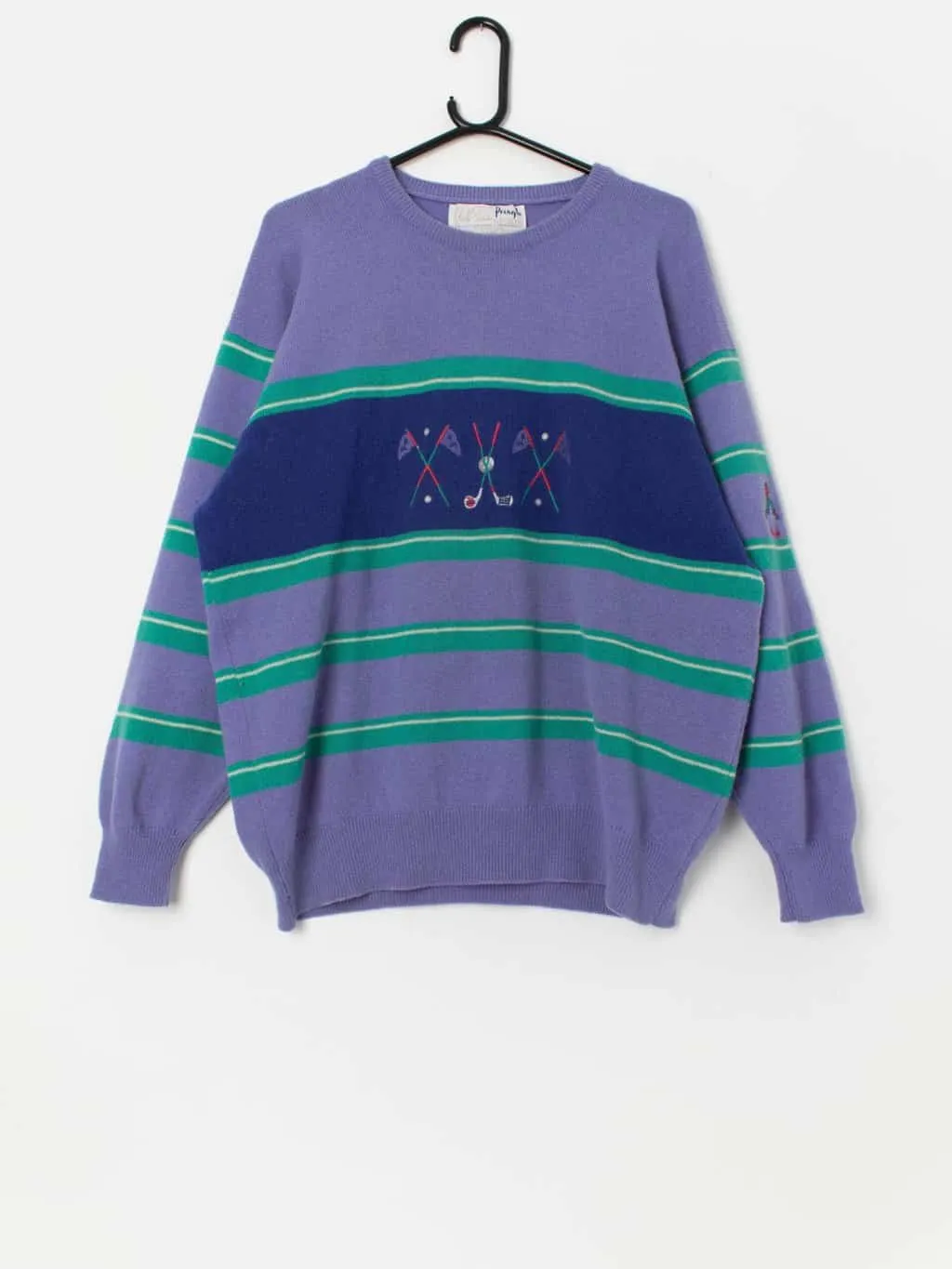 80s vintage Nick Faldo Pringle golf jumper in lilac – Large