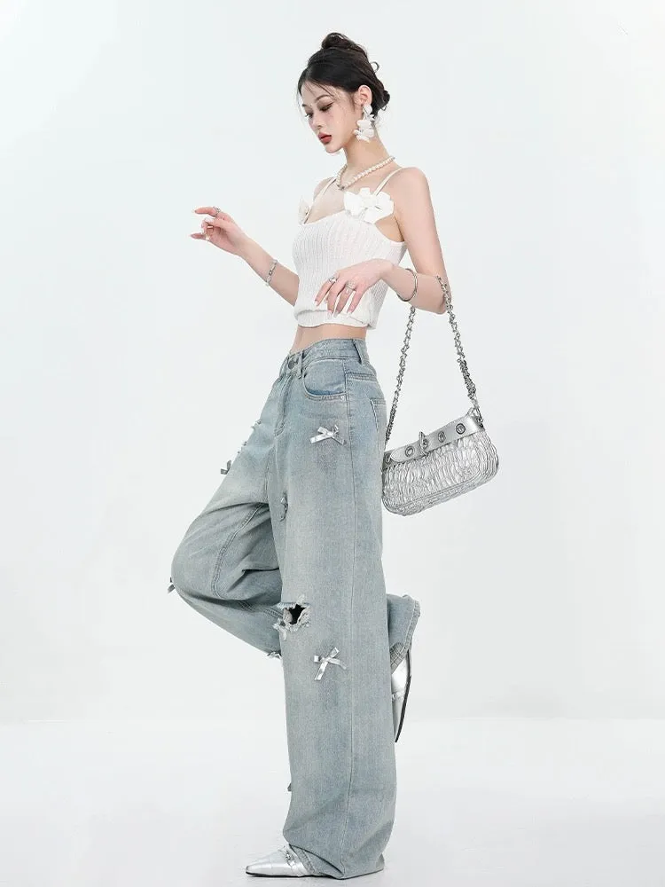 ABWEAR new summer bow design retro color ripped straight jeans for women, thin, slimming and wide legs
