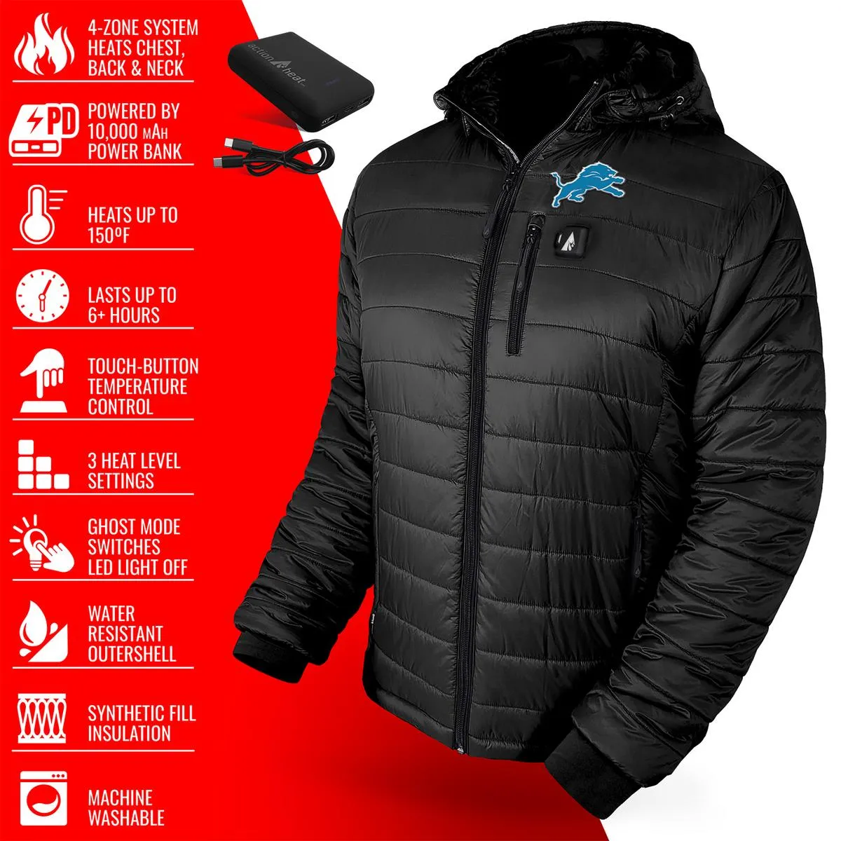 ActionHeat Detroit Lions 5V Men's Puffer Battery Heated Jacket