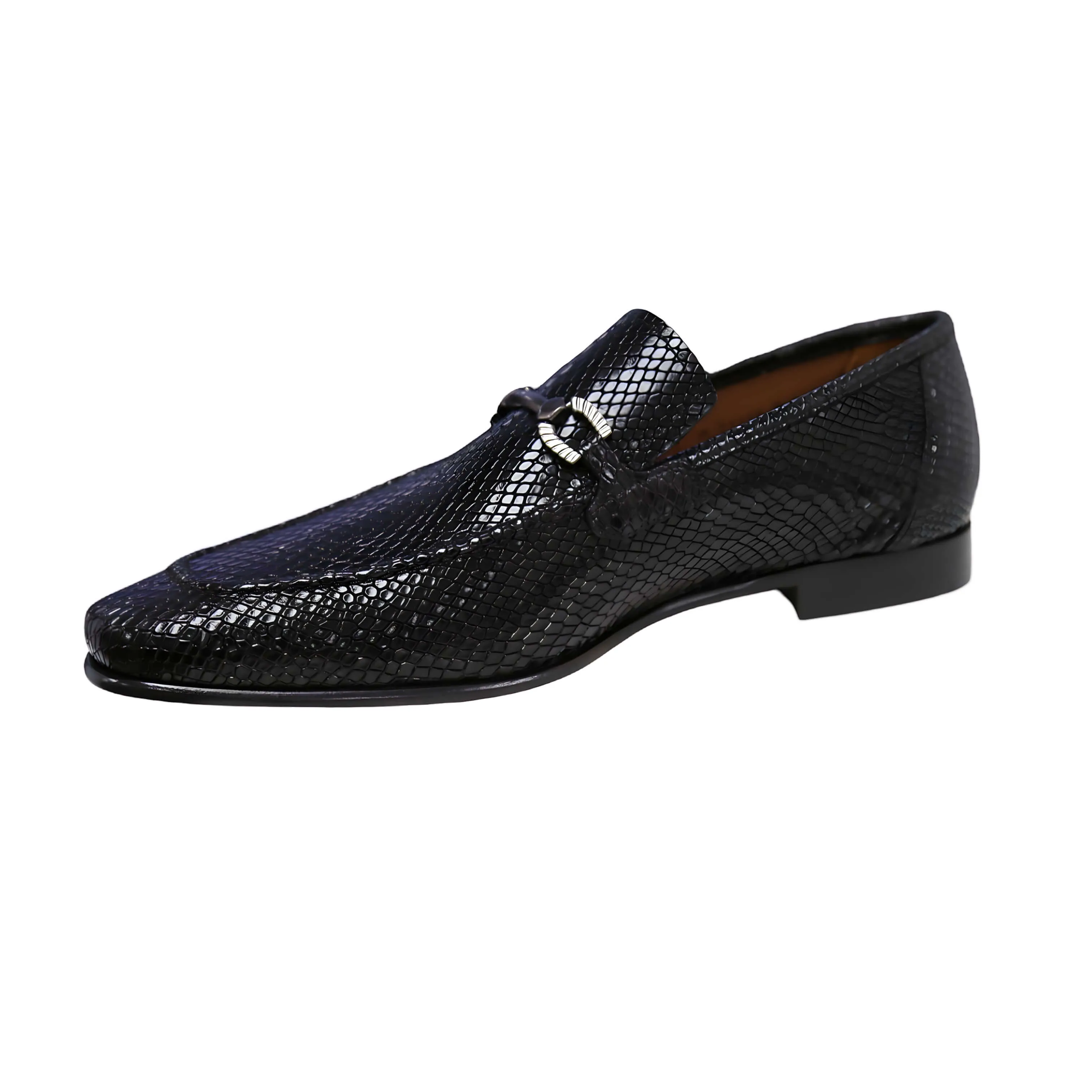 Ambrogio by Mezlan Men's Shoes Black Snake Print Leather Horsebit Loafers (AMZ1015)