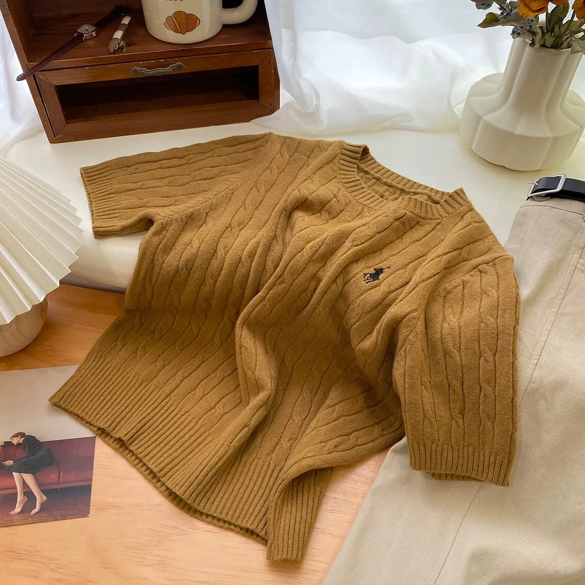 American classic small embroidery round neck twist short-sleeved sweater for women early autumn temperament versatile foreign st