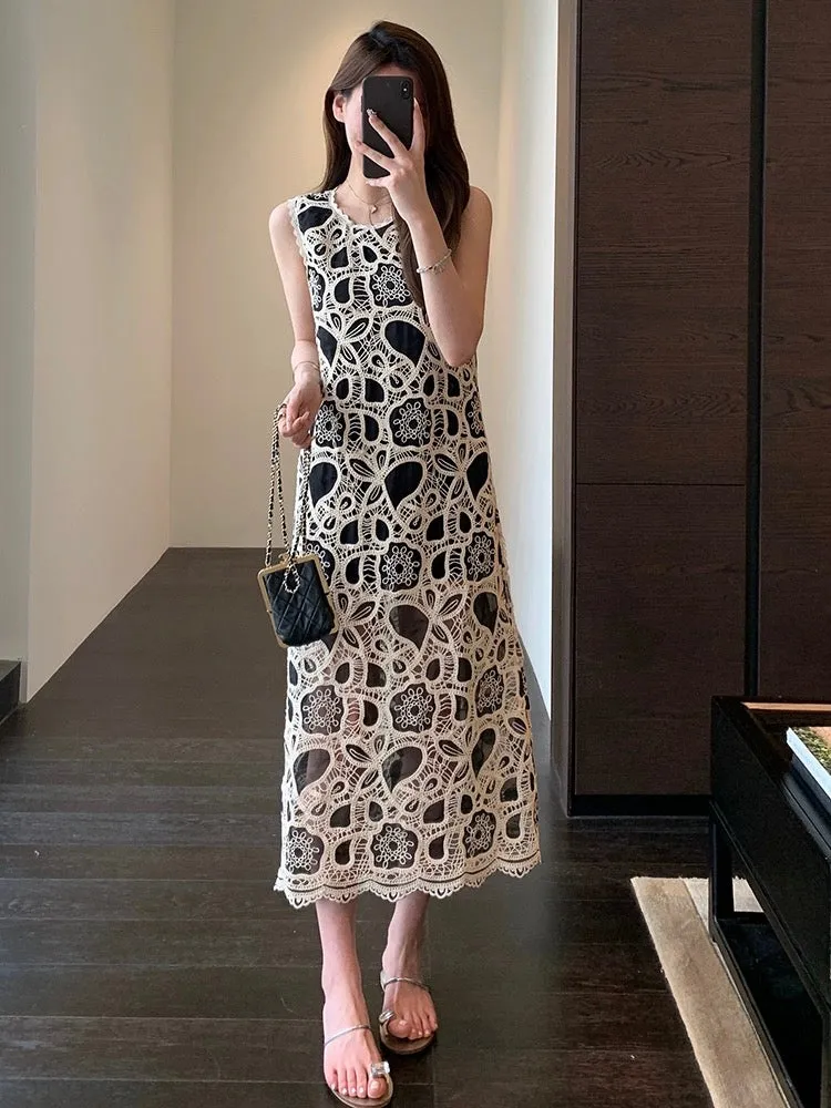 AMR UU◆Three-dimensional hollow embroidery heavy disc flower dress slimming sleeveless vest long skirt women's summer new style