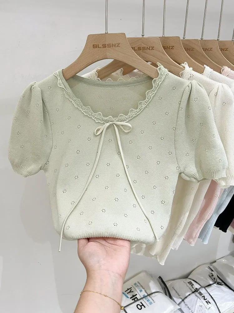 Apricot lace front shoulder ice silk sweater women's short-sleeved 2024 new summer bow hollow short top trendy