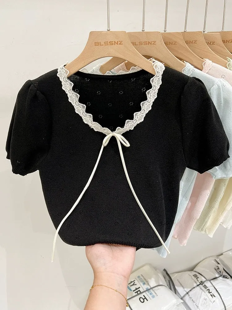 Apricot lace front shoulder ice silk sweater women's short-sleeved 2024 new summer bow hollow short top trendy