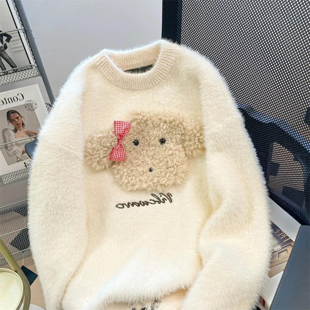Artistic raw milk cute bow bear sweater men and women winter small lazy soft glutinous mink fleece sweater