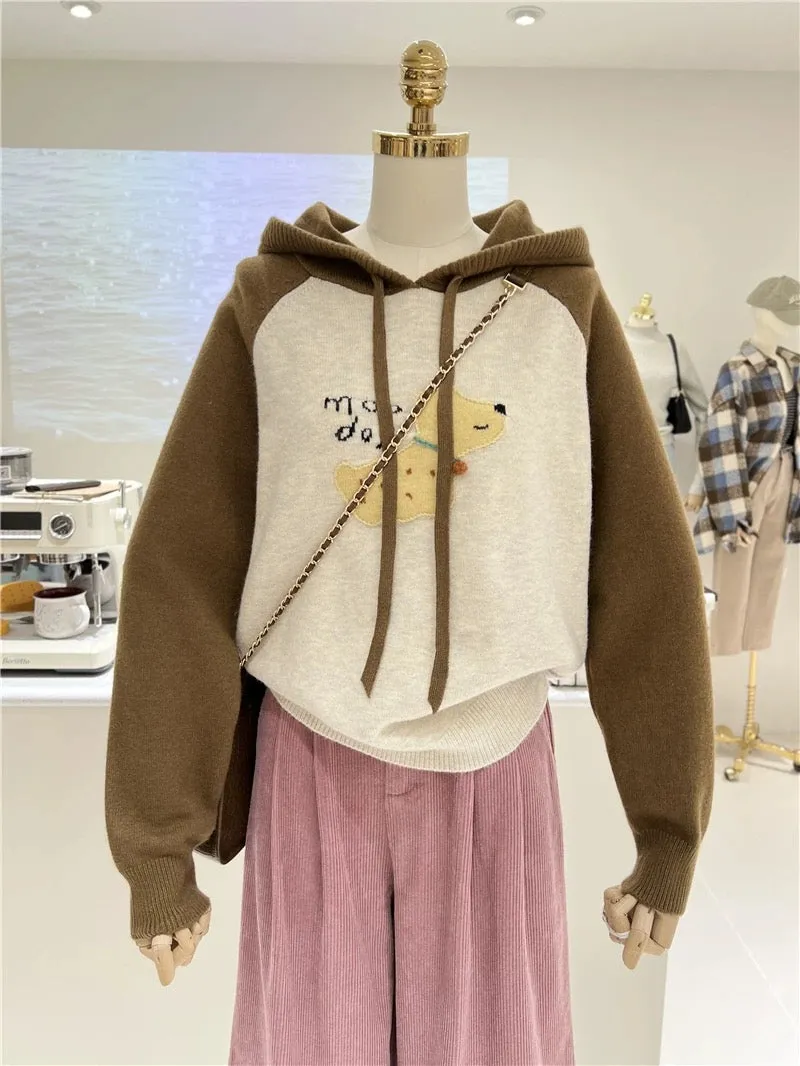 Autumn and winter Korean style niche cartoon three-dimensional puppy warm color matching loose slimming raglan hooded sweater fo