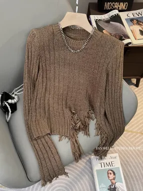 Autumn new design irregular retro versatile slim hole tassel slit round neck sweater women's top (B2212)