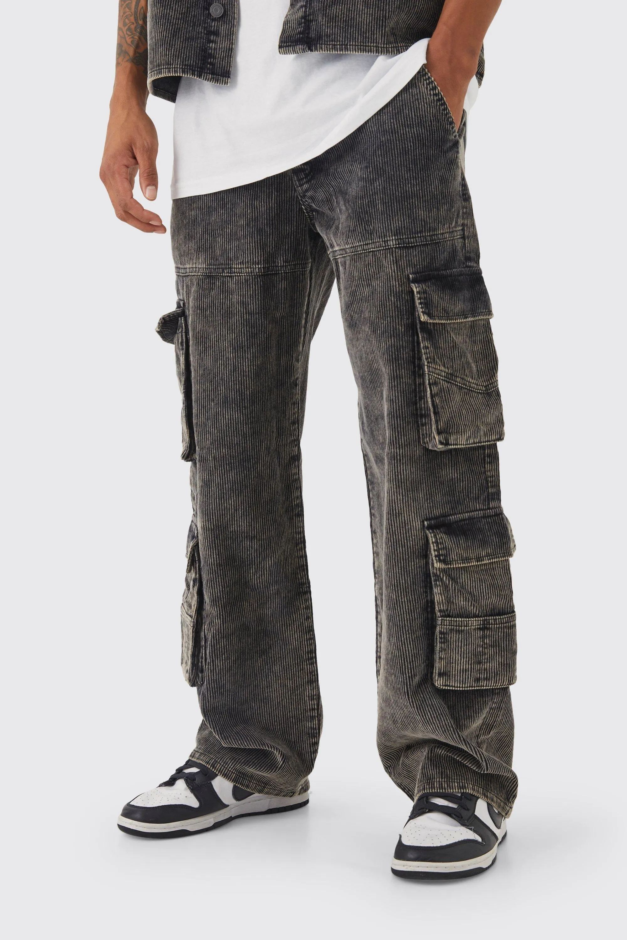 Baggy Multi Pocket Acid Wash Cord Cargo Pants