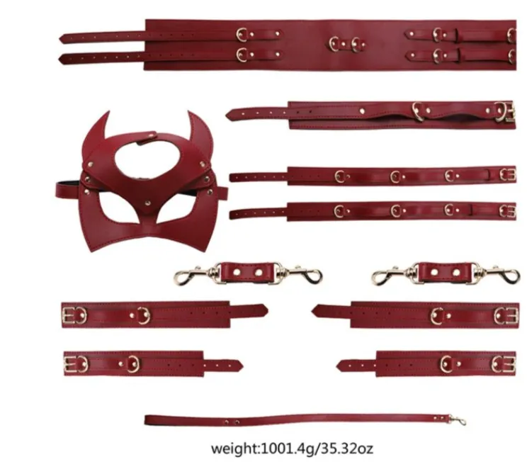 BDSM Bondage Restraint Kit Handcuffs Collar Wrist Ankle Leg Thigh cuffs Waist Belt Mask Sex Toys