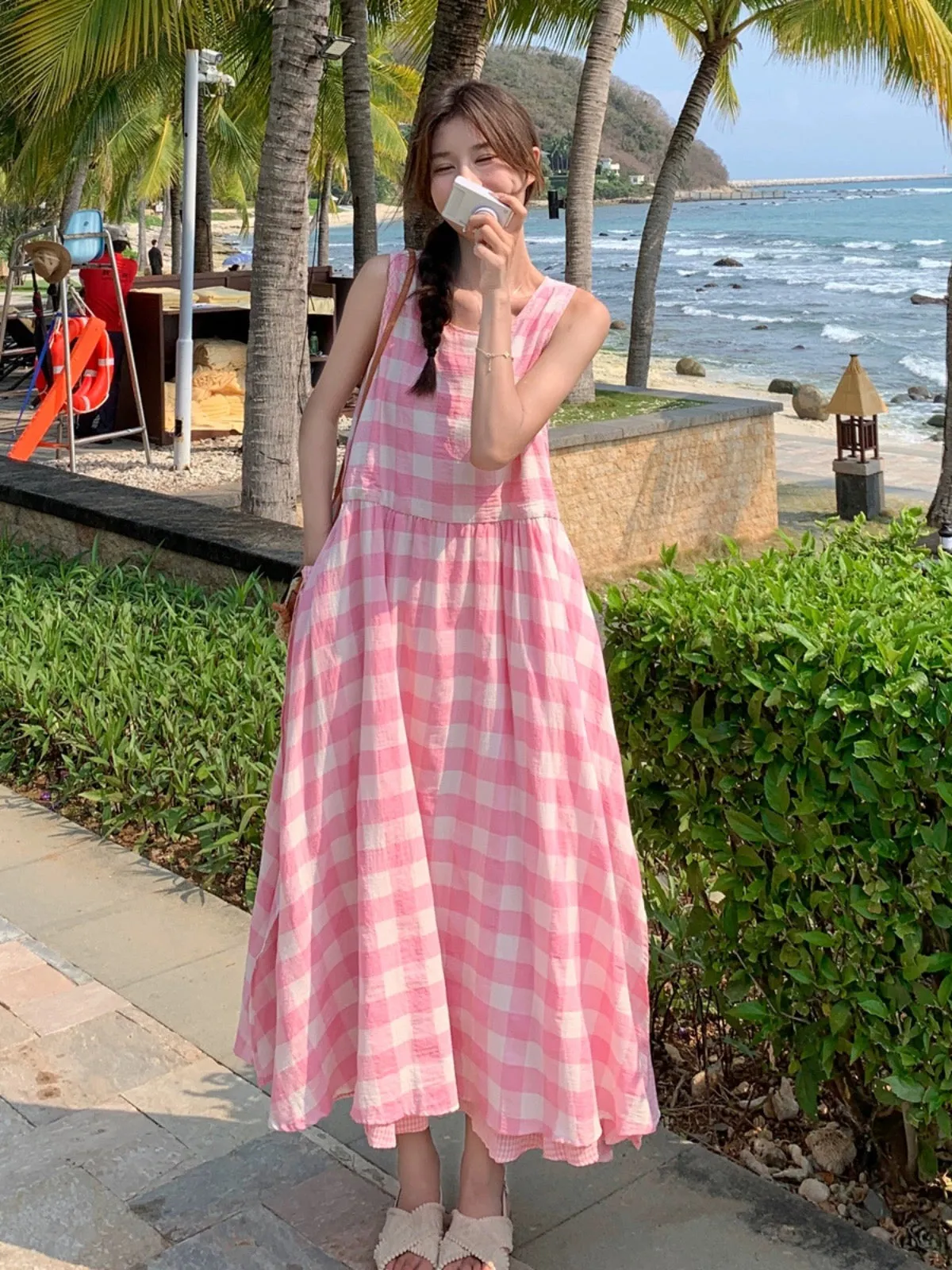Beautiful breasts fufu pink plaid vest dress women summer 2024 new first love pure milk sweet loose long skirt