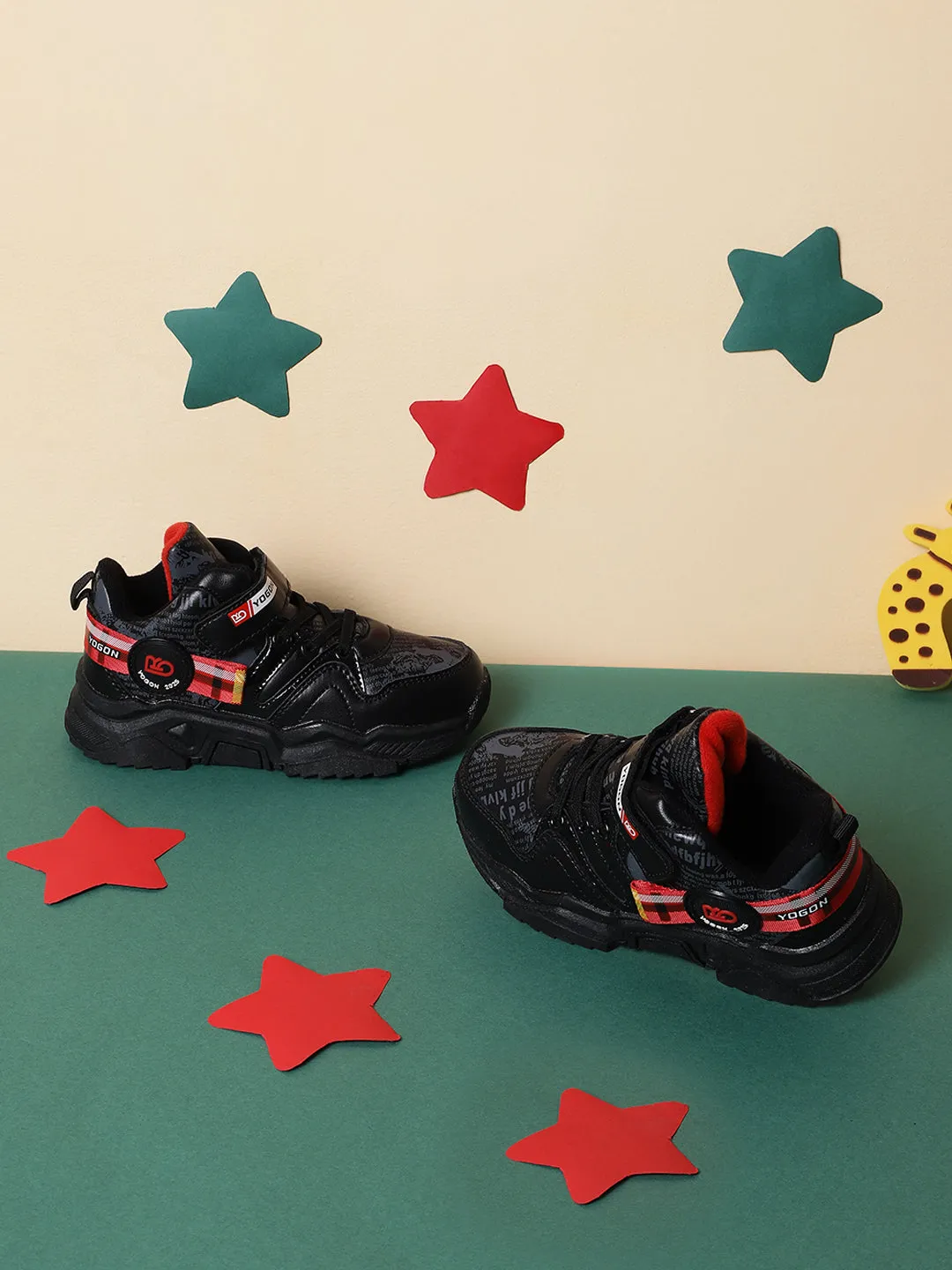 Black PU Stylish Velcro Sneakers For Kids-Boys Fur Lining Keep Children Warm During Winter (TC-RS3493-BLK)