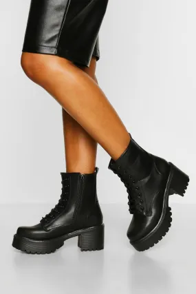 Block Heel Lace Up Chunky Combat Boots