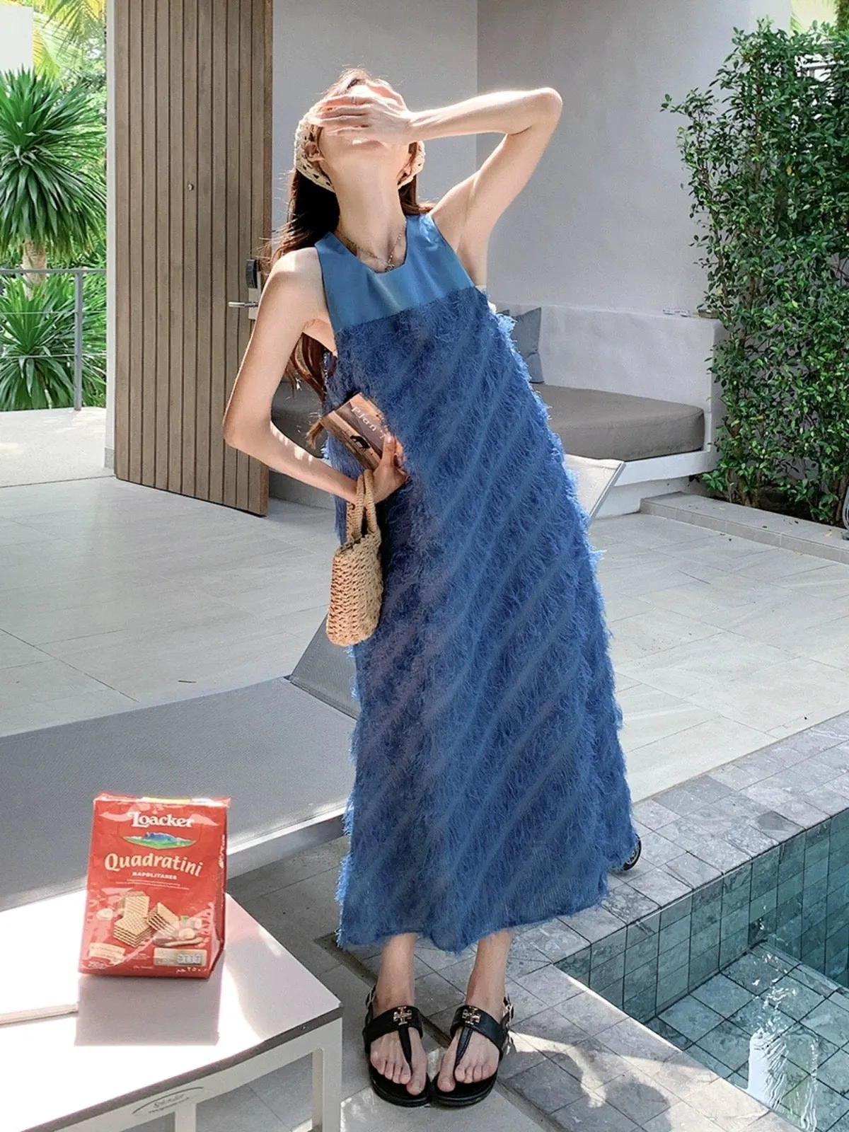 Blue tassel vest dress summer women's 2024 new style playful and cute age-reducing loose mid-length A-line skirt