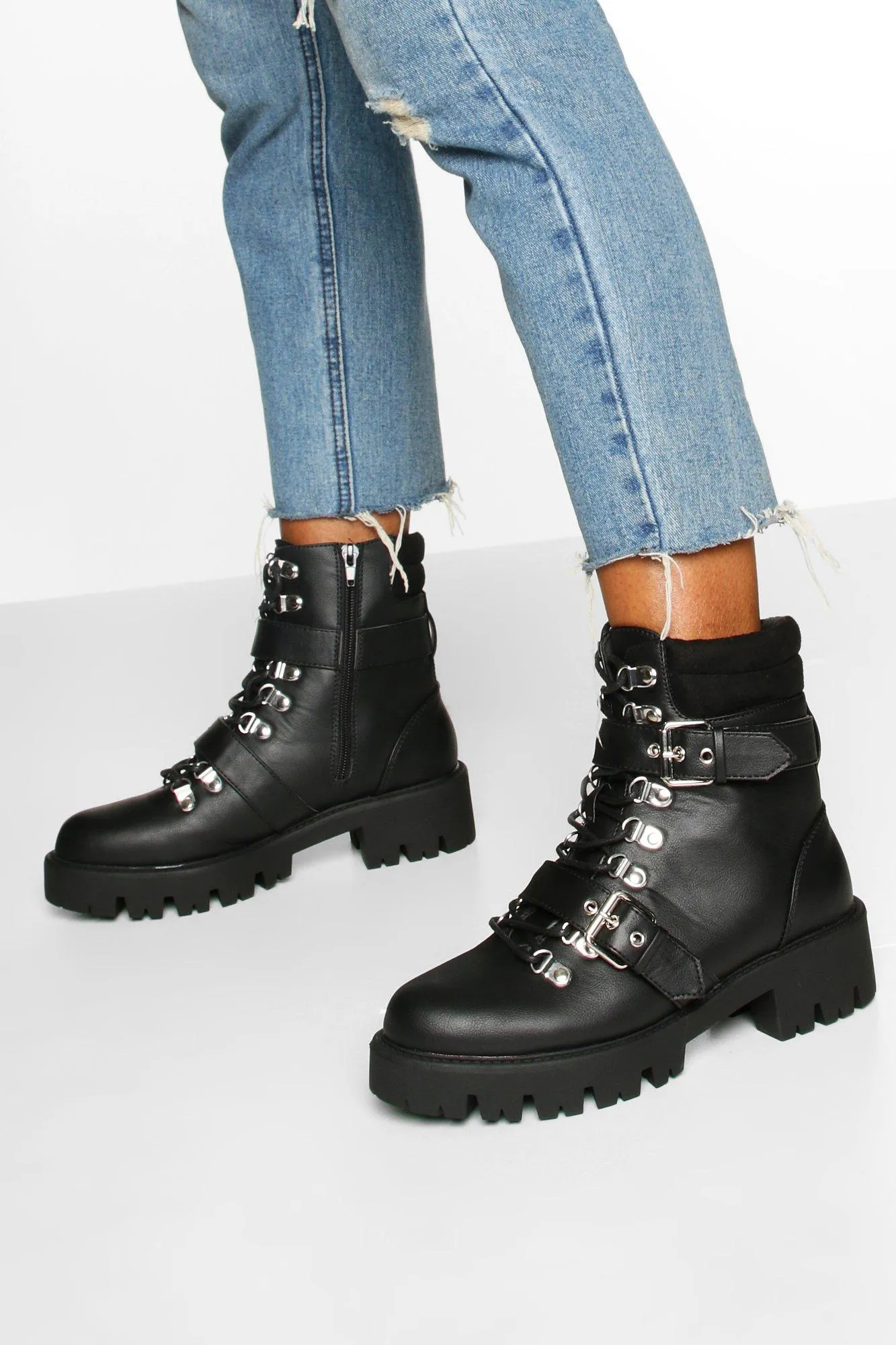 Buckle Detail Padded Cuff Combat Boots