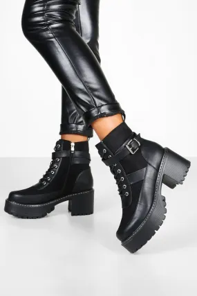 Buckle Strap Block Heel Platform Combat Boots