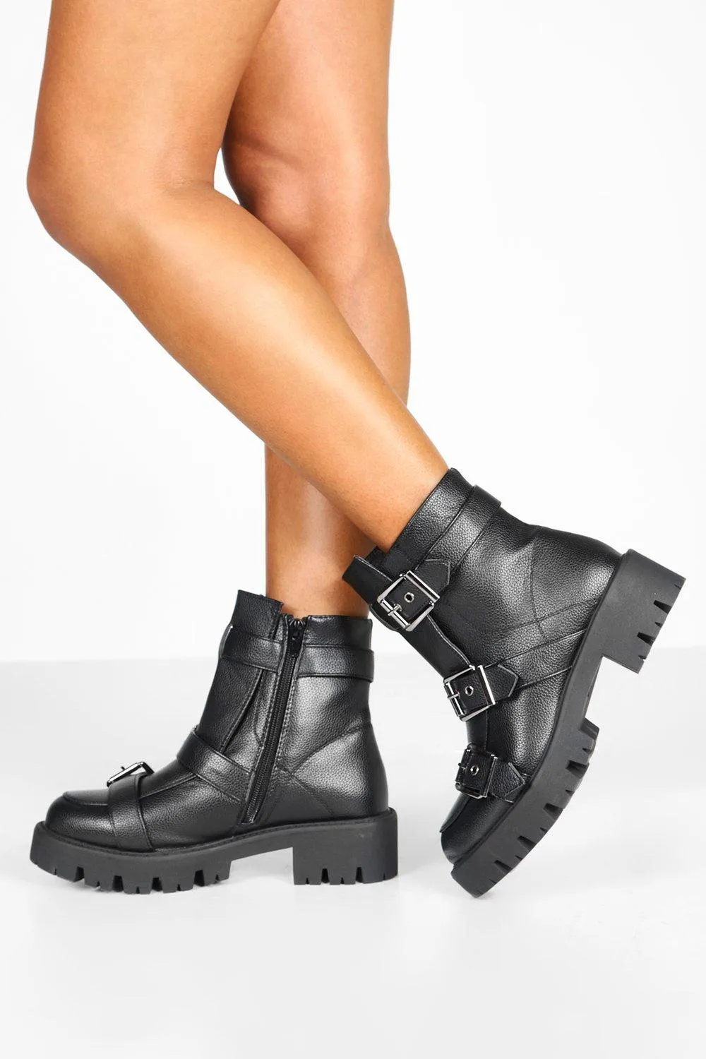 Buckle Trim Cleated Combat Boots