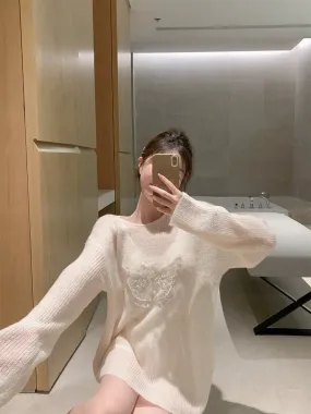 ByYou new 3D bead butterfly fairy apricot white mohair inner sweater women's loose bottoming sweater
