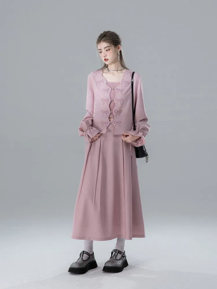 Cardigan&Long-Skirt Ribbon V-Neck Retro Set-Up