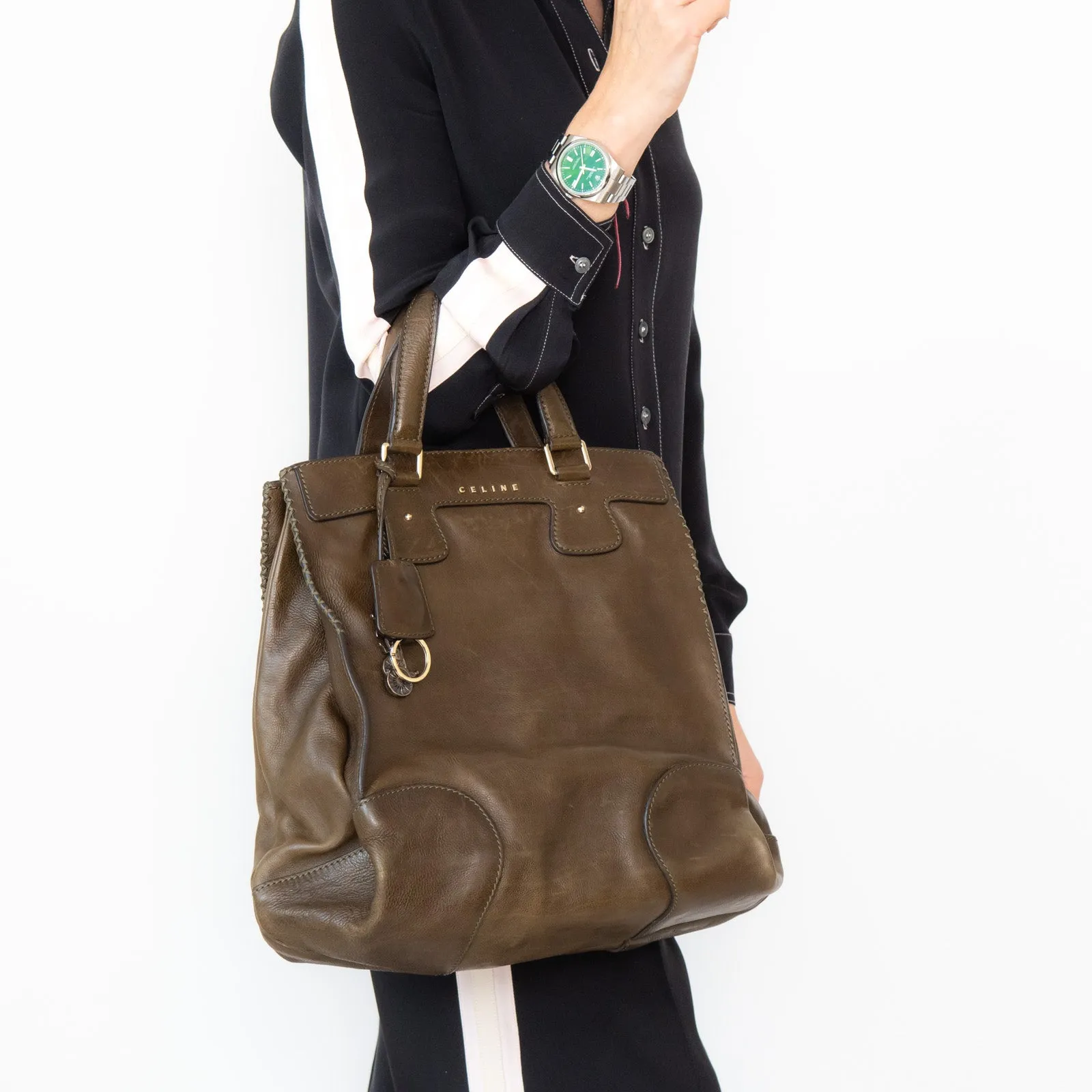 Celine Vintage Olive Green Leather Tote Bag