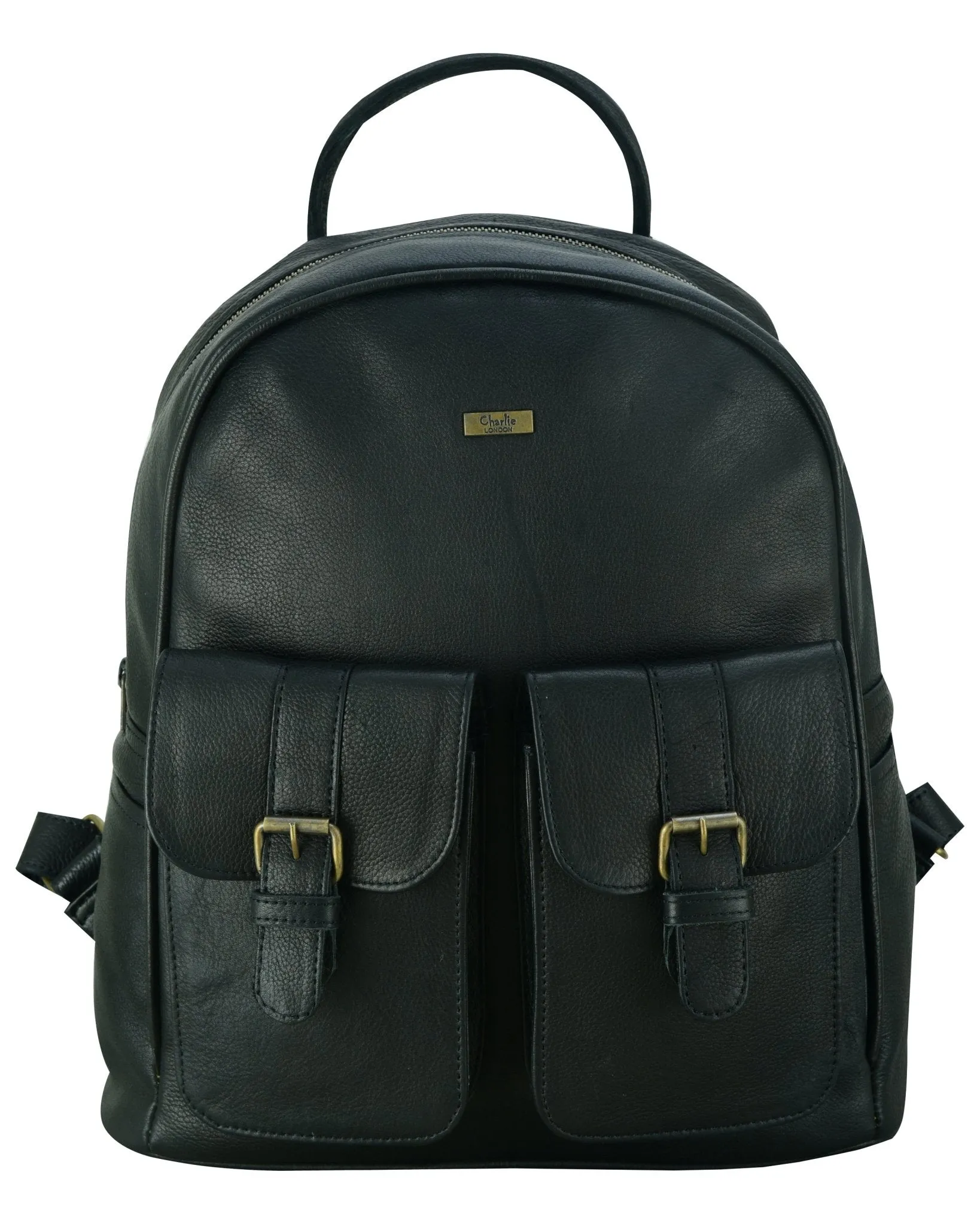 Charlie London two Pockets Classic Leather DayPack Backpack