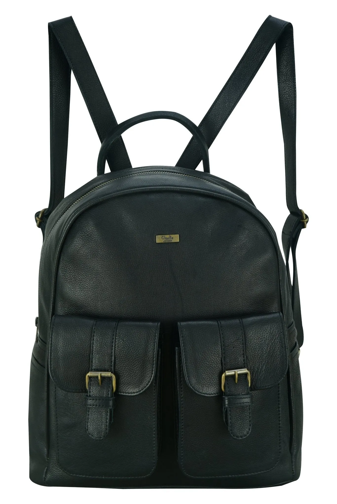 Charlie London two Pockets Classic Leather DayPack Backpack