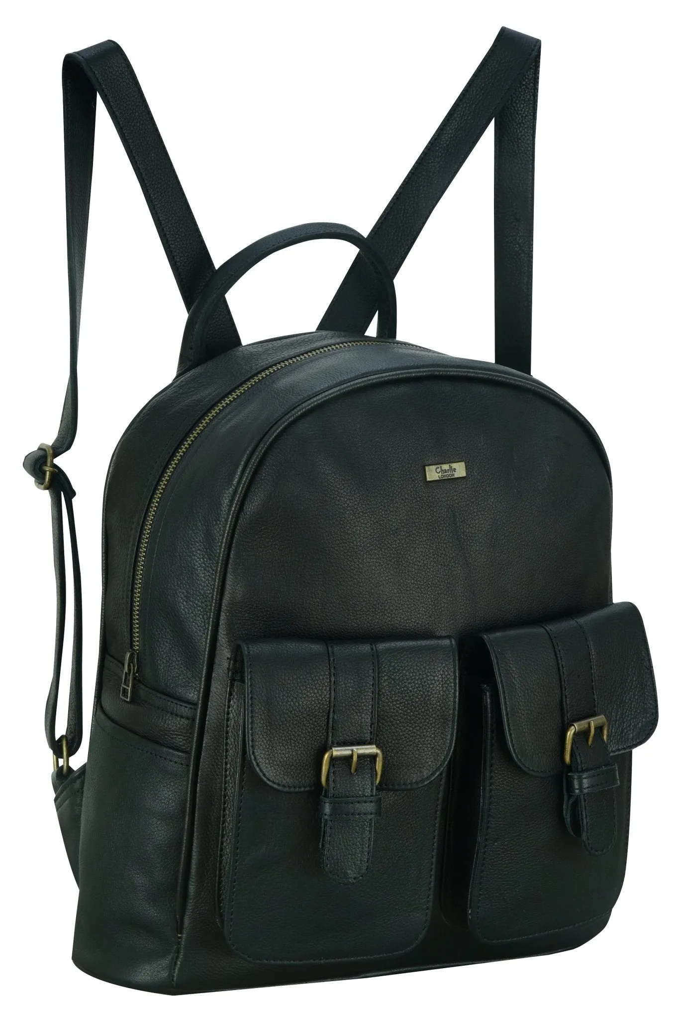 Charlie London two Pockets Classic Leather DayPack Backpack