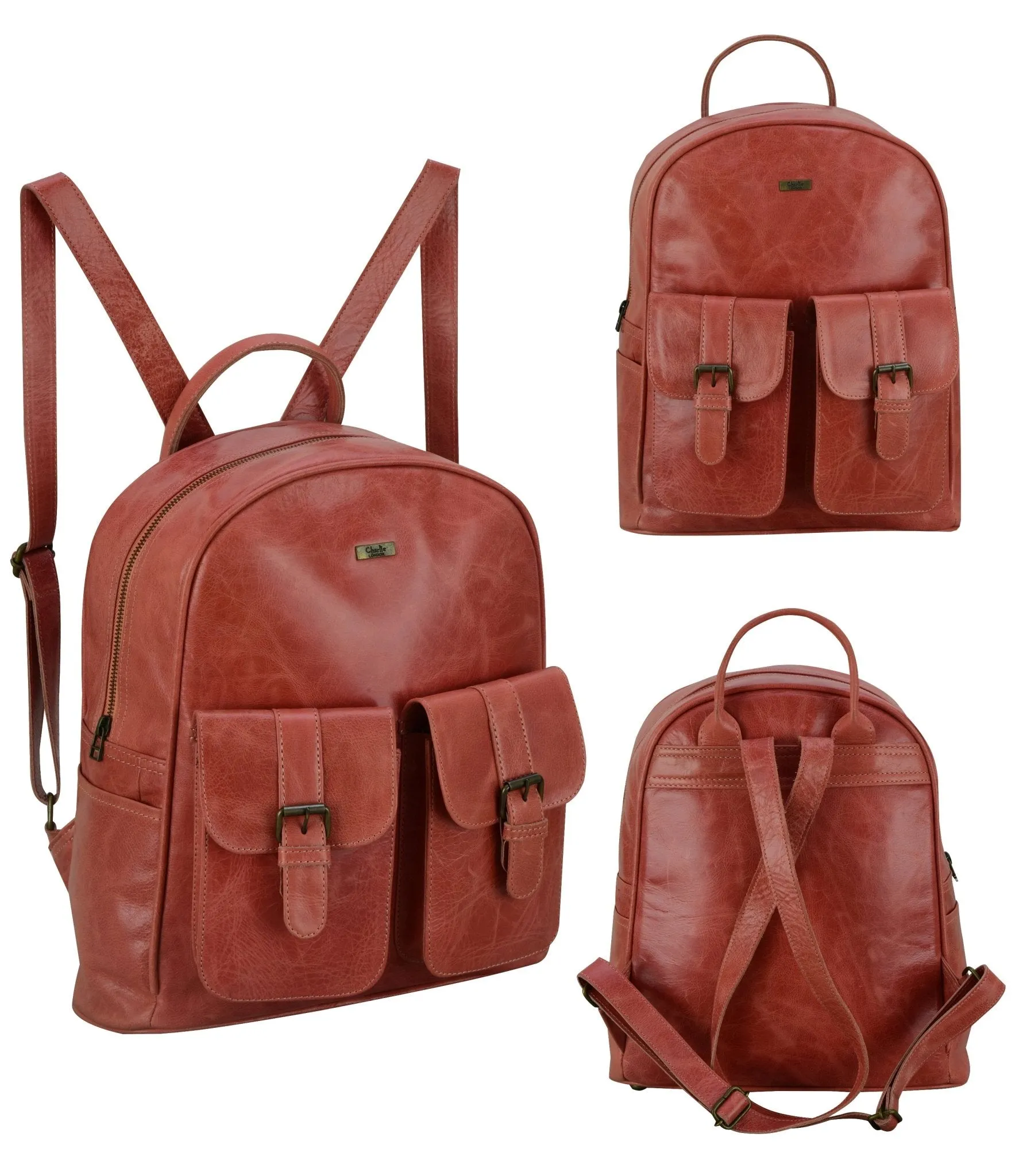 Charlie London two Pockets Classic Leather DayPack Backpack