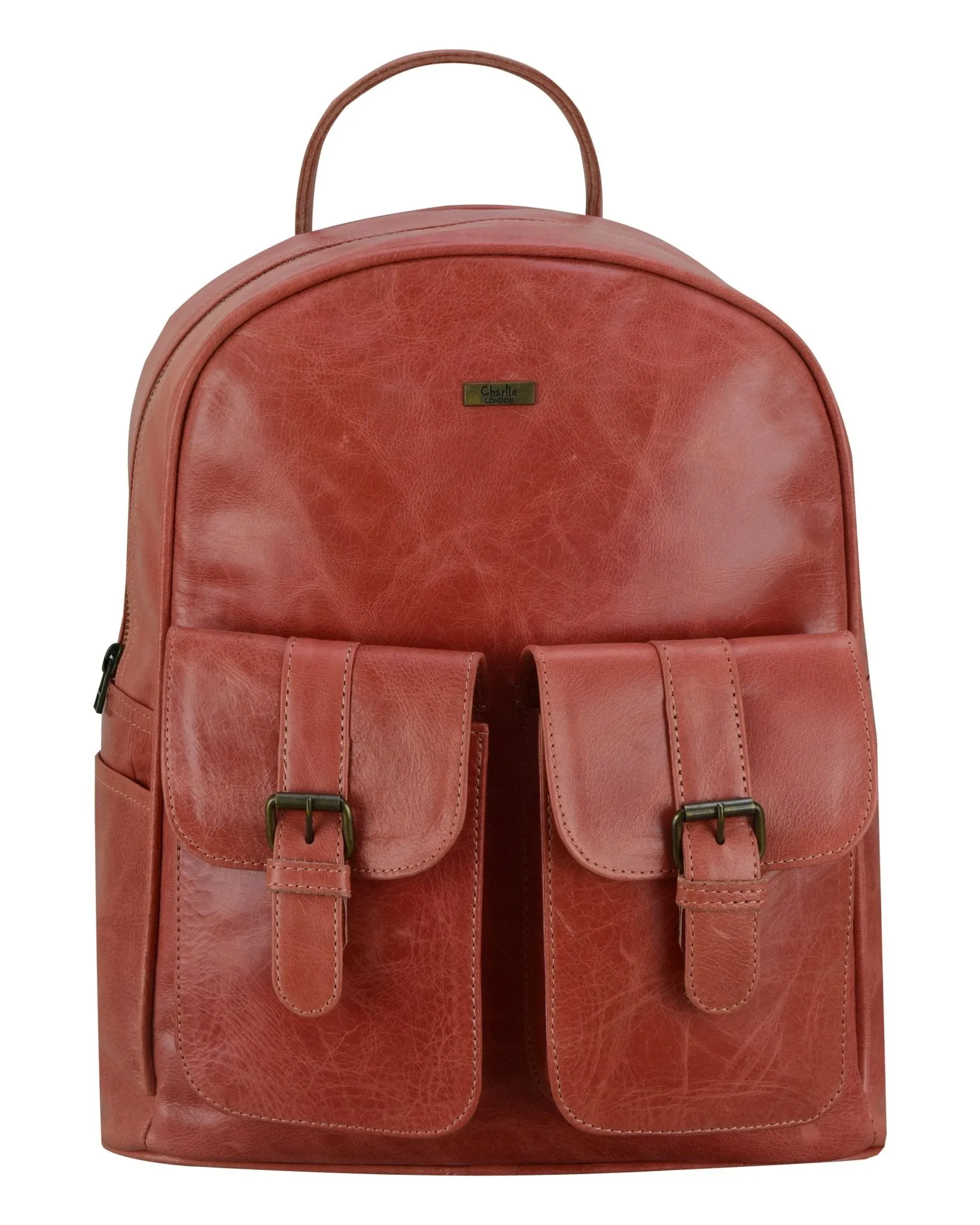 Charlie London two Pockets Classic Leather DayPack Backpack