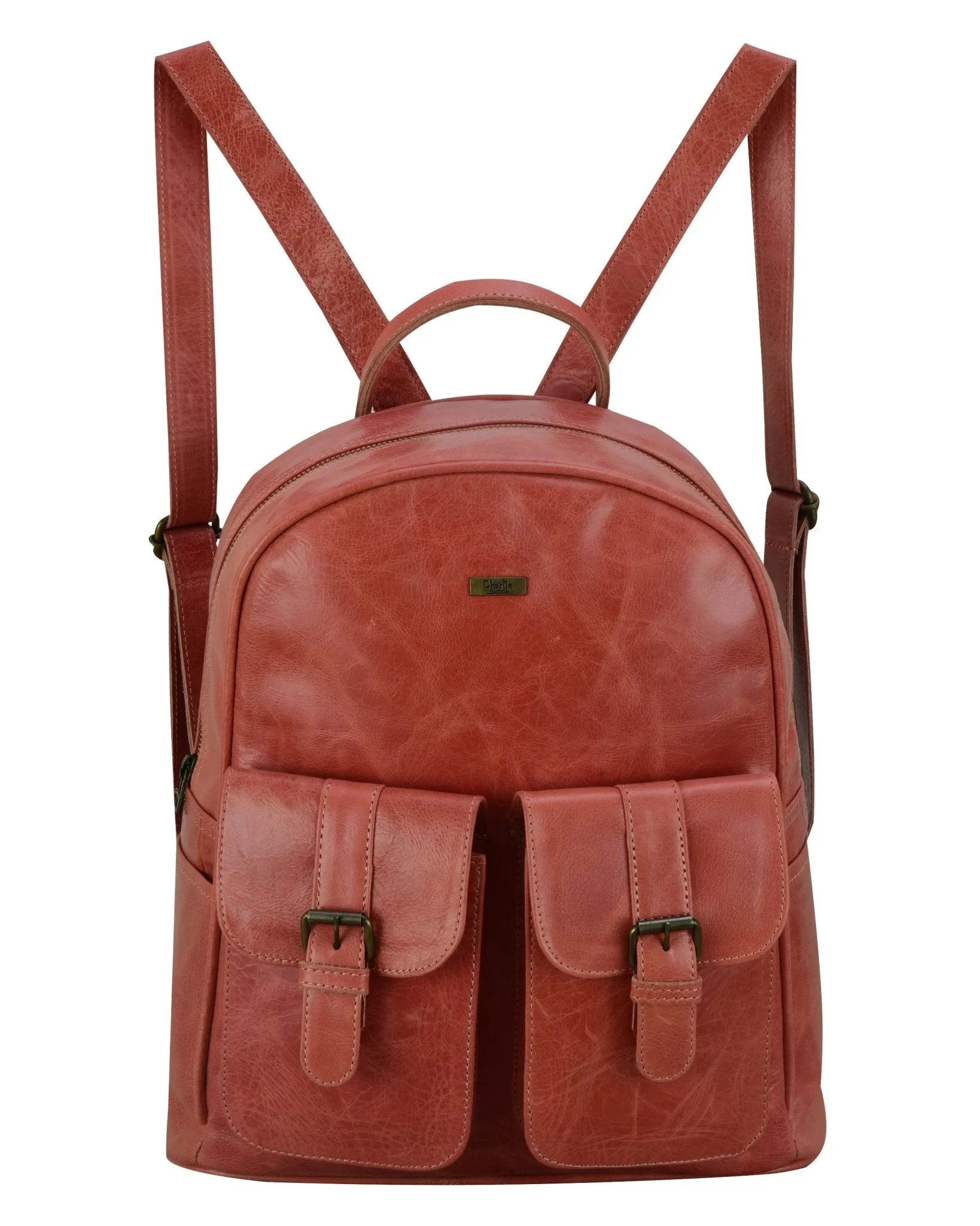 Charlie London two Pockets Classic Leather DayPack Backpack