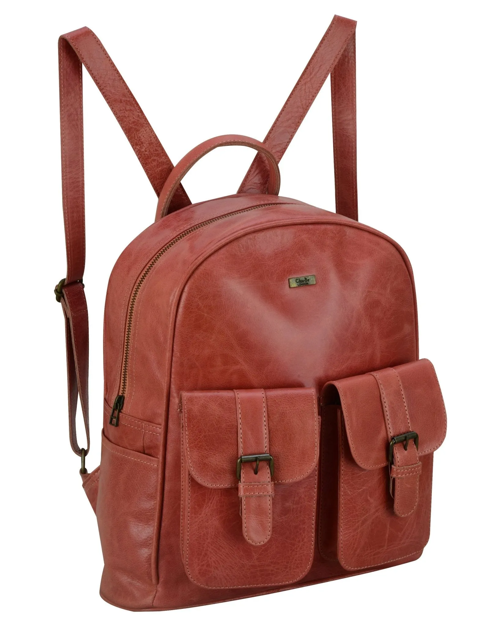 Charlie London two Pockets Classic Leather DayPack Backpack