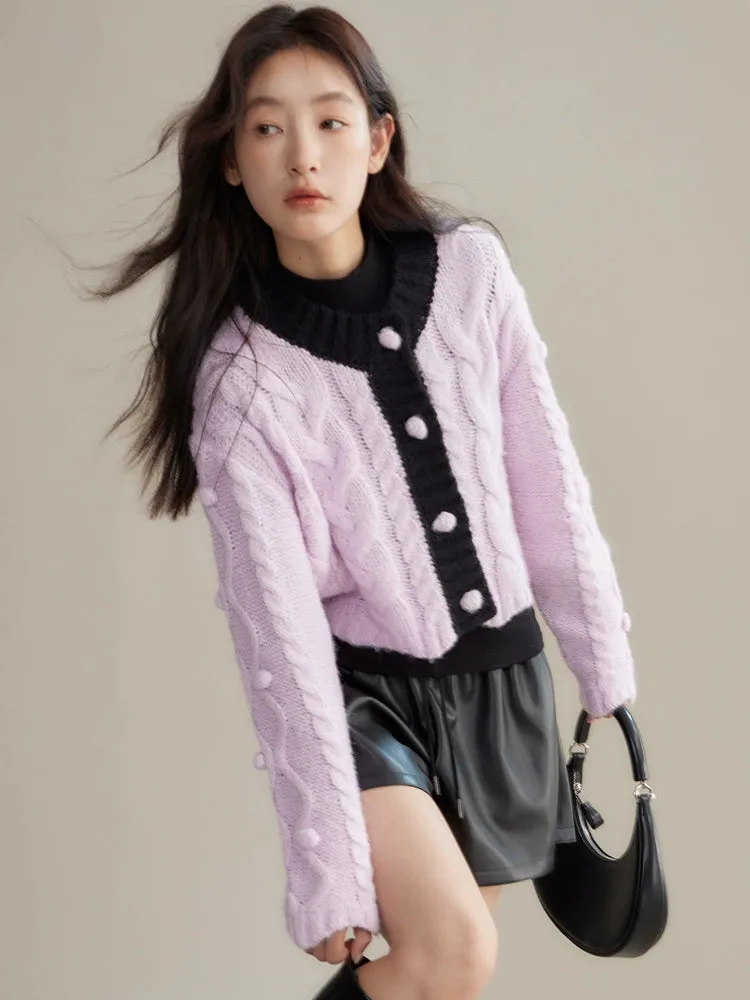 Contrasting Color Twist Texture Knitted Cardigan
