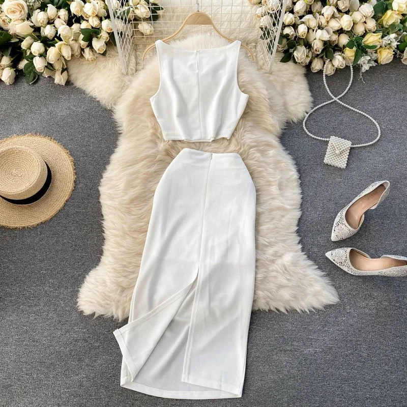 Cool and elegant lady internet celebrity suit solid color round neck vest short top high waist hip-wrapped mid-length skirt two-