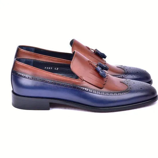 Corrente C00019-7397 Men's Shoes Navy & Brown Calf-Skin Leather Wingtip Kiltie tassels Loafers (CRT1494)