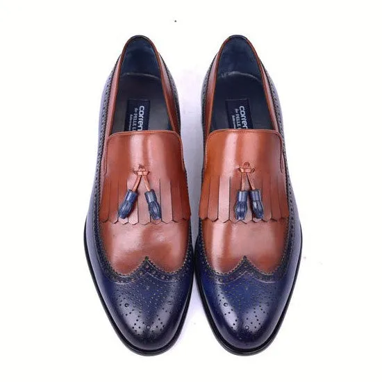 Corrente C00019-7397 Men's Shoes Navy & Brown Calf-Skin Leather Wingtip Kiltie tassels Loafers (CRT1494)