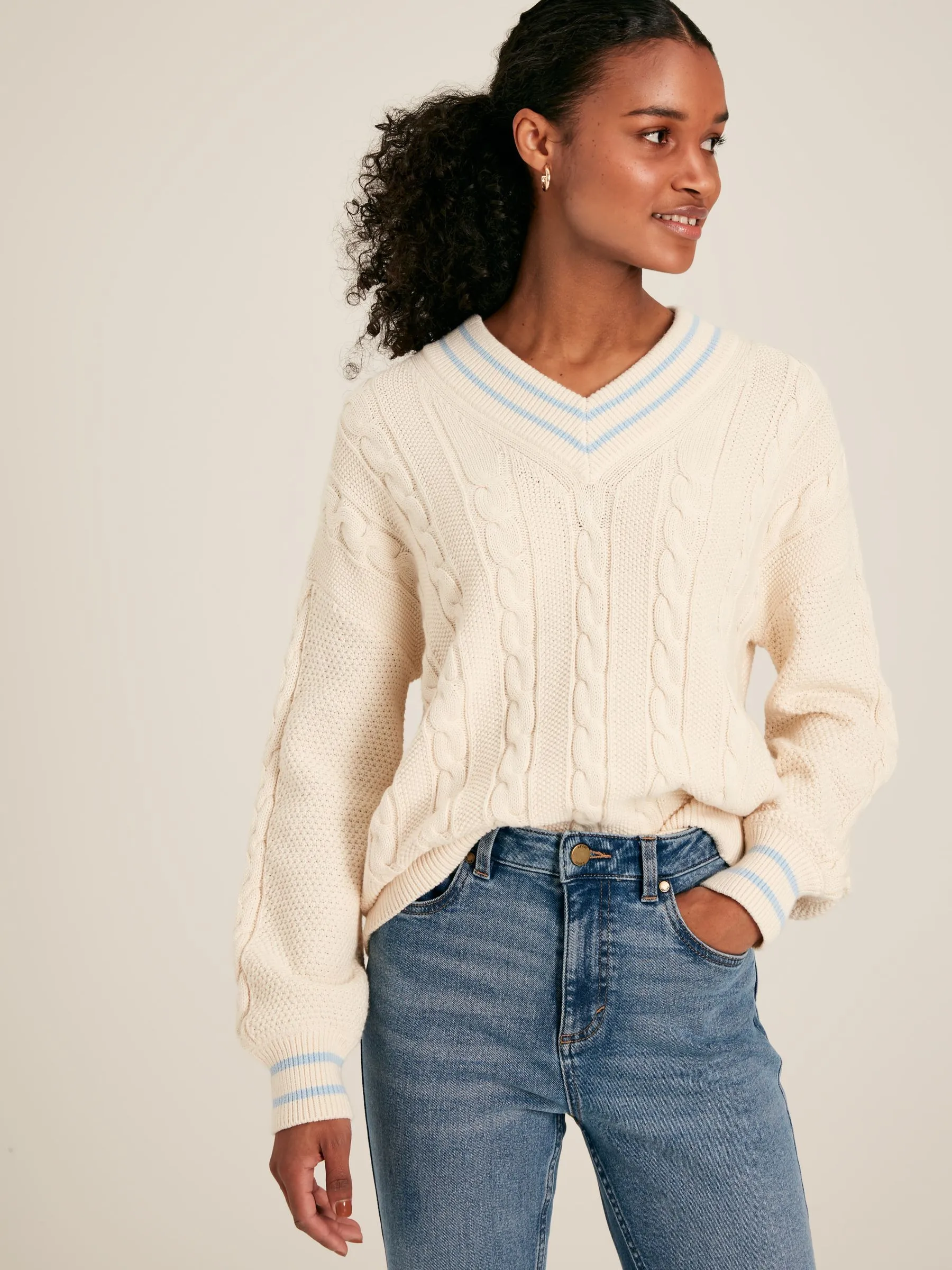 Cream & Blue Cable Knit Cricket Jumper