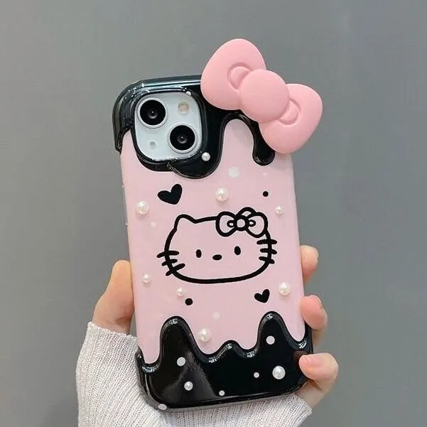 Cute Kawaii Hello Kitty Cartoon Studded White Pearls Pink Bow Design Protective Shockproof iPhone Case for iPhone 11 12 13 14 Pr