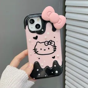 Cute Kawaii Hello Kitty Cartoon Studded White Pearls Pink Bow Design Protective Shockproof iPhone Case for iPhone 11 12 13 14 Pr