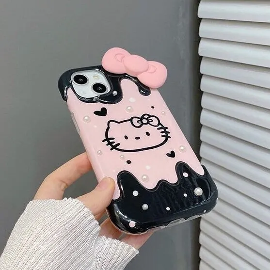 Cute Kawaii Hello Kitty Cartoon Studded White Pearls Pink Bow Design Protective Shockproof iPhone Case for iPhone 11 12 13 14 Pr