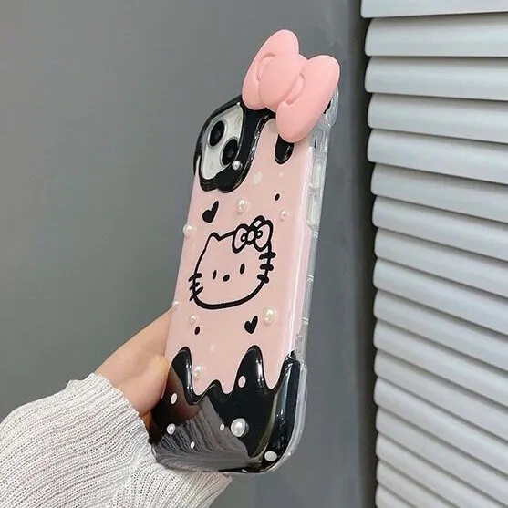 Cute Kawaii Hello Kitty Cartoon Studded White Pearls Pink Bow Design Protective Shockproof iPhone Case for iPhone 11 12 13 14 Pr