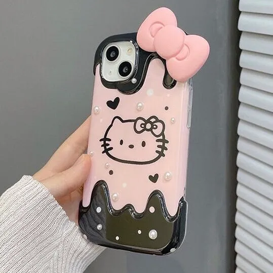 Cute Kawaii Hello Kitty Cartoon Studded White Pearls Pink Bow Design Protective Shockproof iPhone Case for iPhone 11 12 13 14 Pr