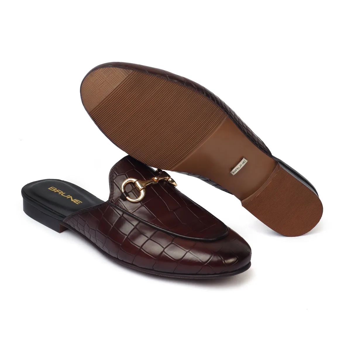 Dark Brown Leather Mules in Deep Cut Leather With Horse-bit Detailing