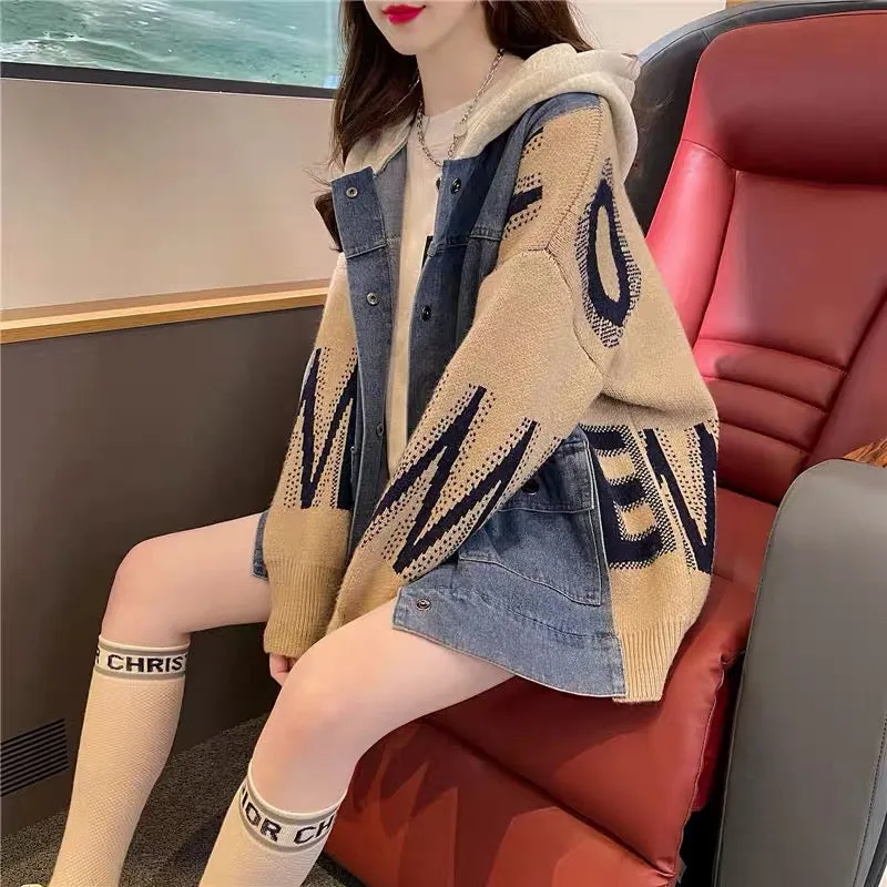 Denim splicing sweater cardigan for women 2023 autumn new loose design Korean chic hooded knitted jacket (J0244)
