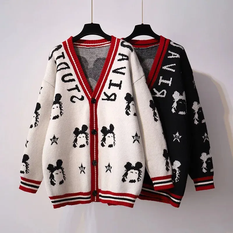 Dongdaemun 2023 new autumn and winter Korean version loose letter jacquard cartoon sweater mid-length outer sweater for women