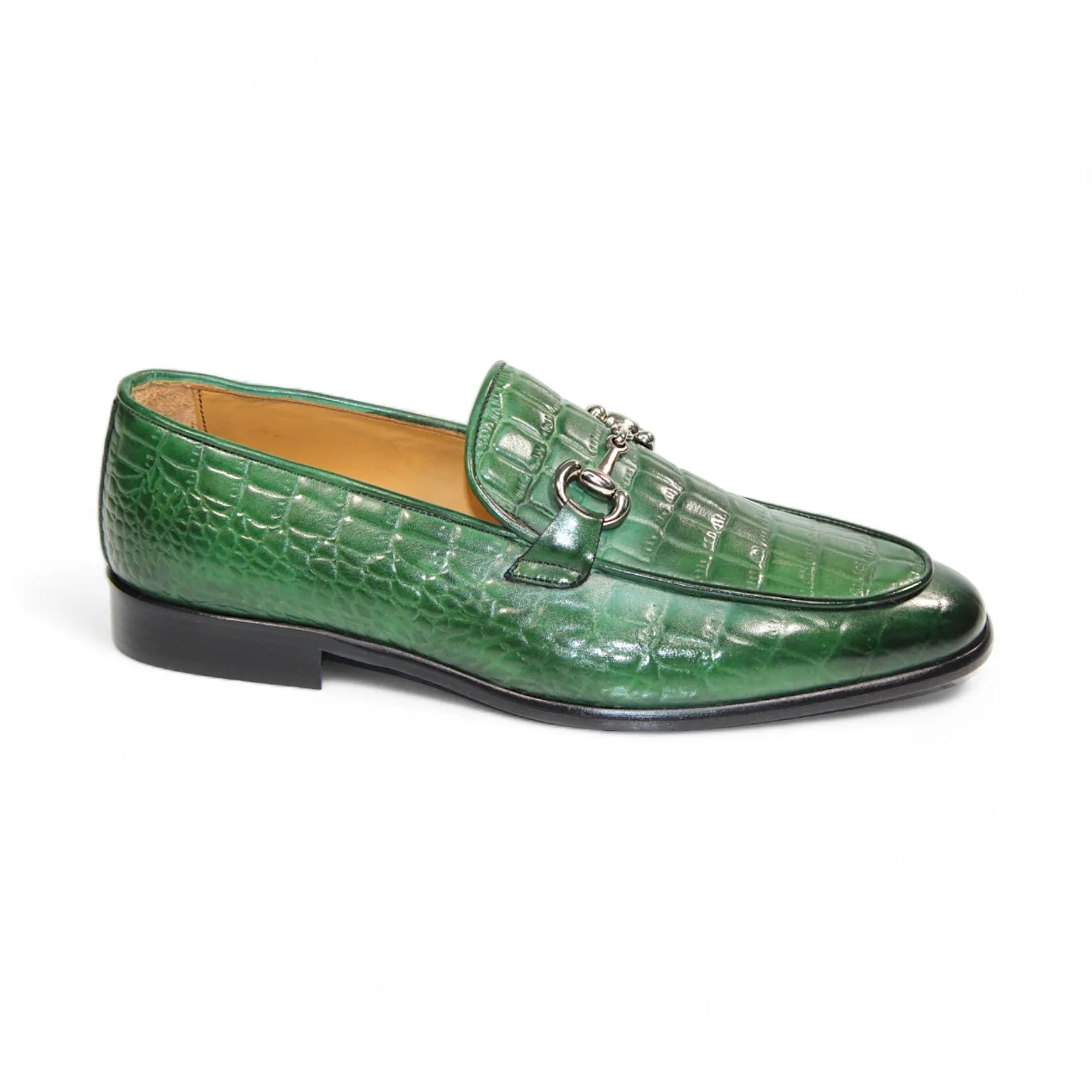 Duca Vasto Men's Shoes Green Croco Print Leather Loafers (D1178)