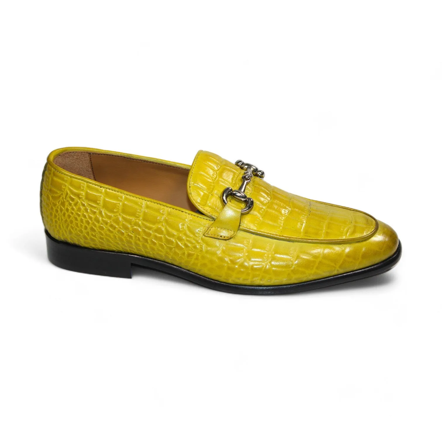 Duca Vasto Men's Shoes Yellow Croco Print Leather Loafers (D1179)