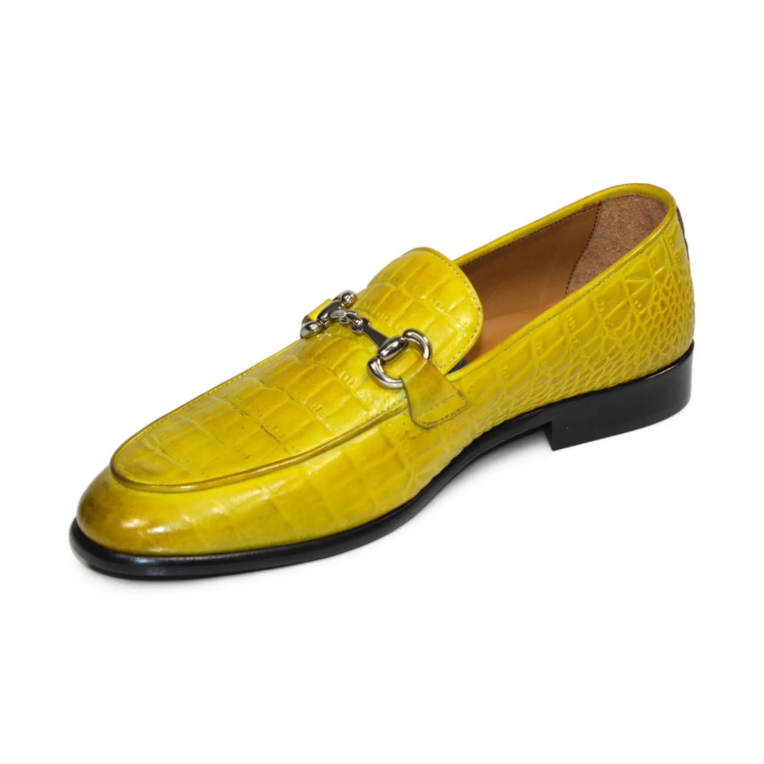 Duca Vasto Men's Shoes Yellow Croco Print Leather Loafers (D1179)