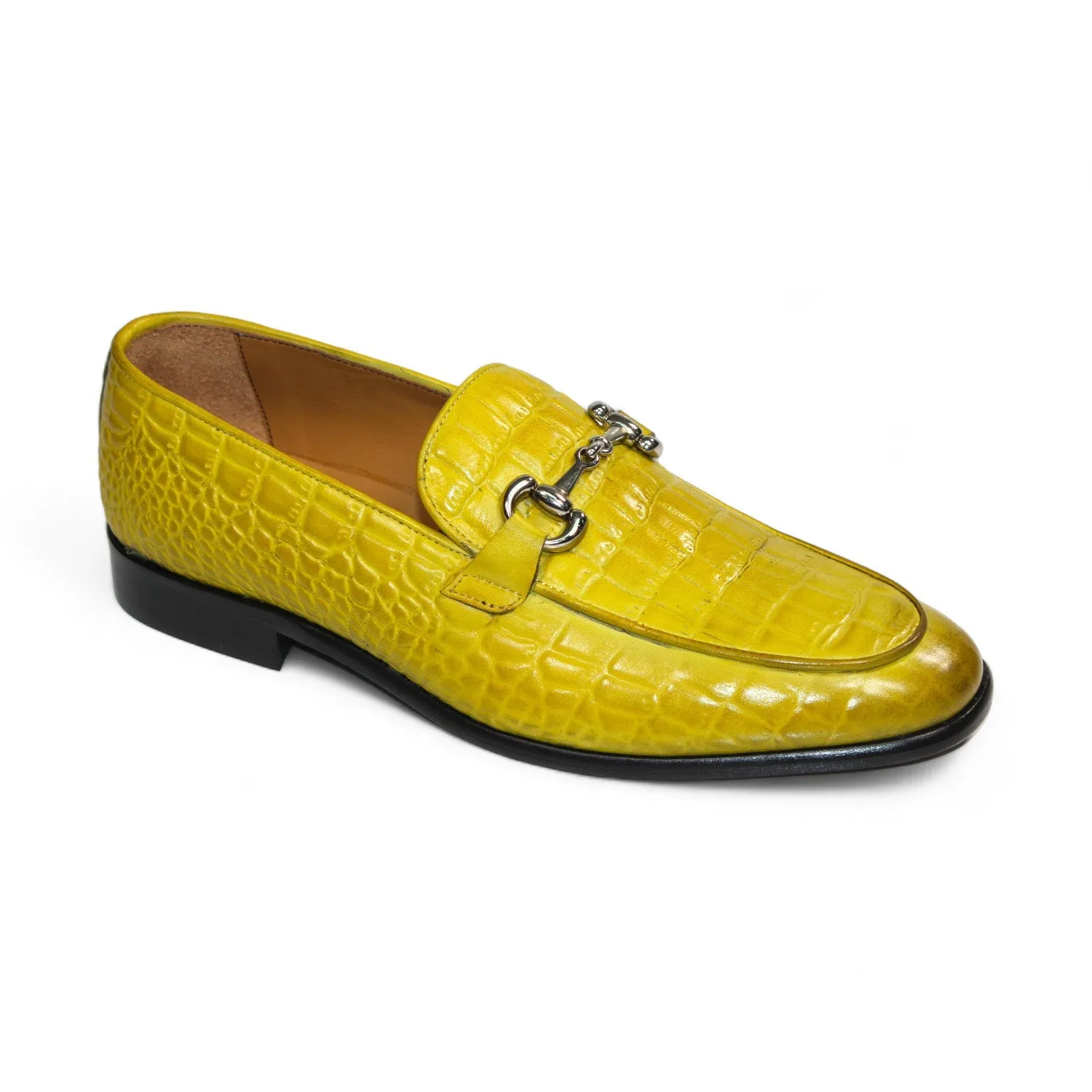 Duca Vasto Men's Shoes Yellow Croco Print Leather Loafers (D1179)