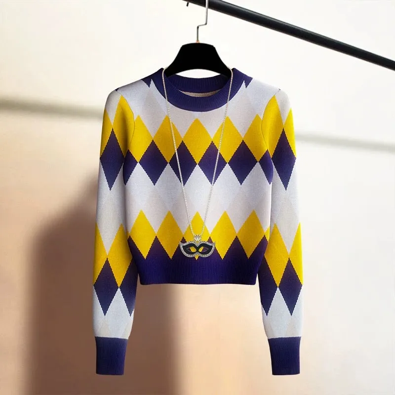 European style, high-end, rhombus pullover sweater for women, new autumn and winter style, warm inner layer, bottoming sweater t