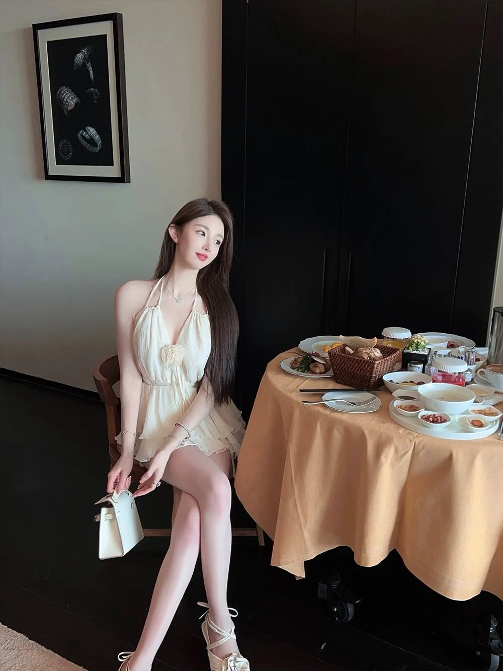 FairyJiang 2024 summer new halter neck white suspender top female ruffle sleeveless vest small shirt